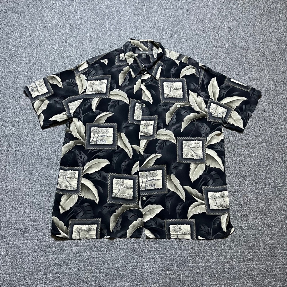 Vintage Croft & Barrow Button Down Shirt XL Black Tropical Palm Rayon Hawaiian